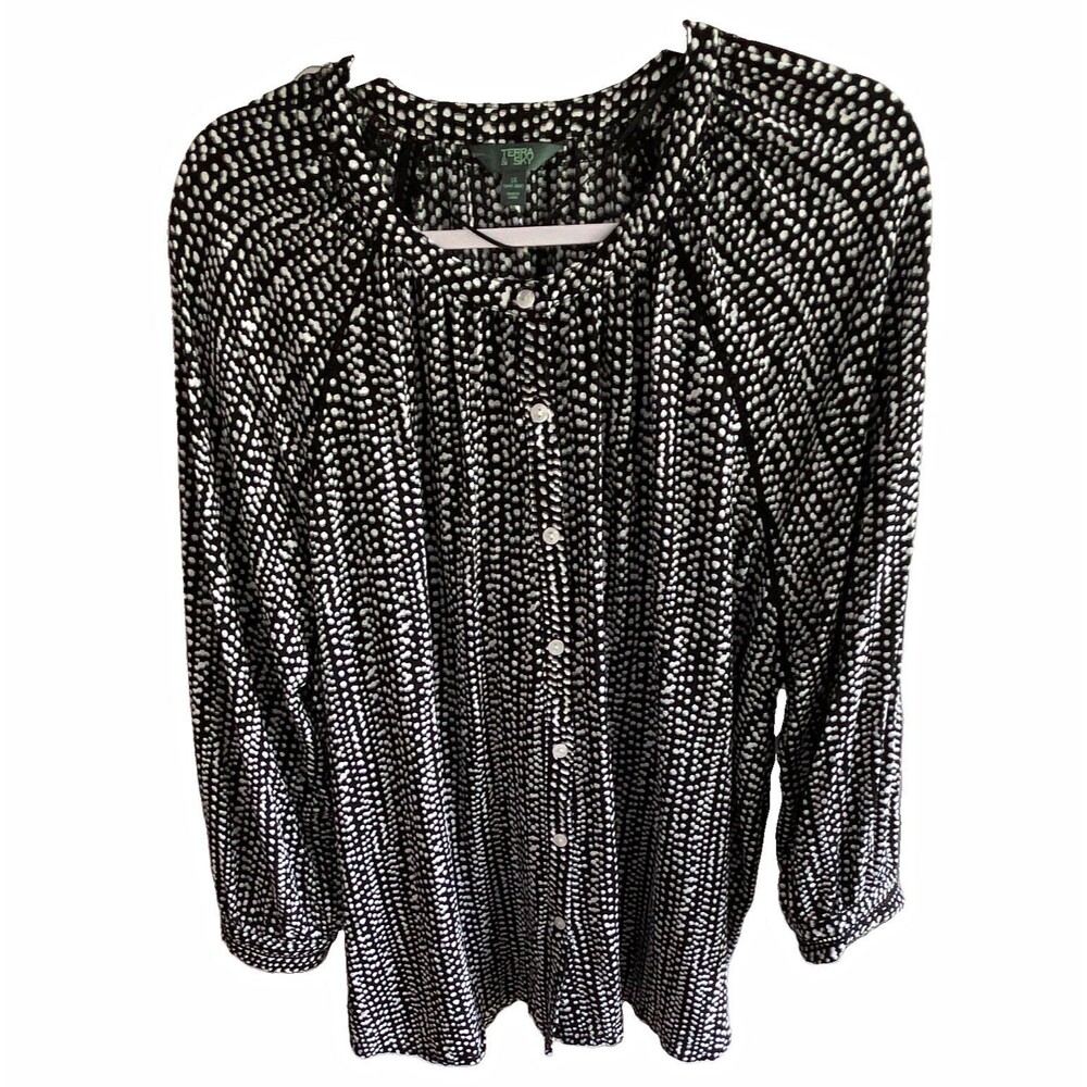 Terra & Sky Women’s 1X Plus Black White Polka Dot Button Front 3/4 Blouse